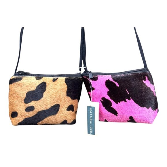 Naturalizer Cow Print Crossbody Bags Duo Cowhide Leather Pink Brown Small Handba - Picture 1 of 13
